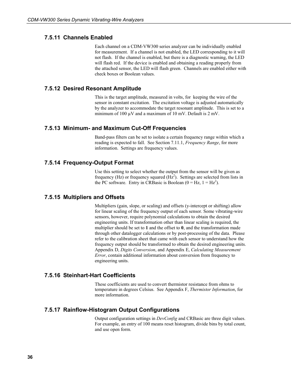 11 channels enabled, 12 desired resonant amplitude, 13 minimum- and maximum cut-off frequencies | 14 frequency-output format, 15 multipliers and offsets, 16 steinhart-hart coefficients, 17 rainflow-histogram output configurations, Channels enabled, Desired resonant amplitude, Minimum- and maximum cut-off frequencies | Campbell Scientific CDM-VW300 Series Dynamic Vibrating-Wire Analyzer System User Manual | Page 46 / 122