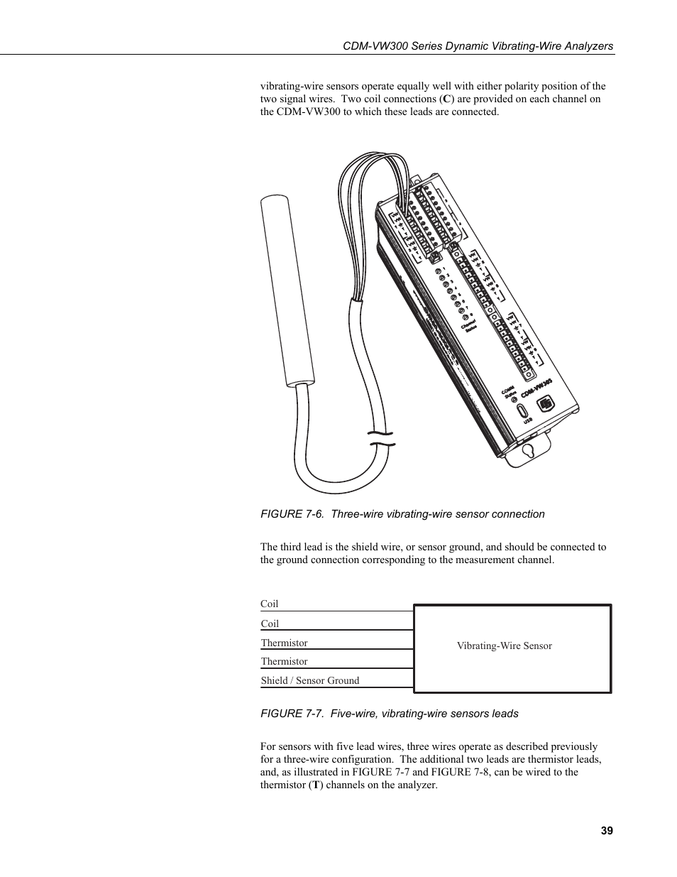 6. three-wire vibrating-wire sensor connection, 7. five-wire, vibrating-wire sensors leads | Campbell Scientific CDM-VW300 Series Dynamic Vibrating-Wire Analyzer System User Manual | Page 49 / 122