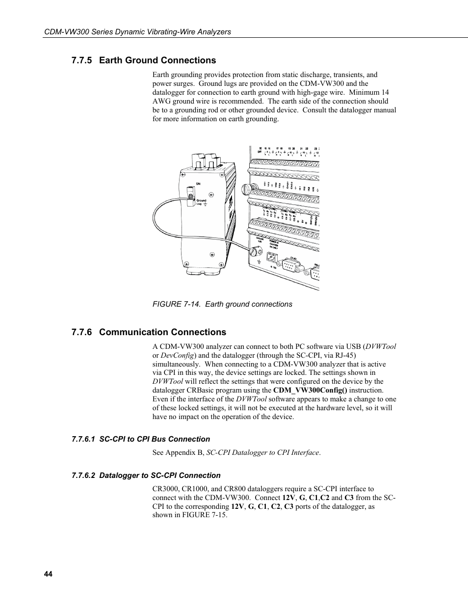 5 earth ground connections, 6 communication connections, 1 sc-cpi to cpi bus connection | 2 datalogger to sc-cpi connection, Earth ground connections, Communication connections, Sc-cpi to cpi bus connection, Datalogger to sc-cpi connection, 14. earth, Ground | Campbell Scientific CDM-VW300 Series Dynamic Vibrating-Wire Analyzer System User Manual | Page 54 / 122