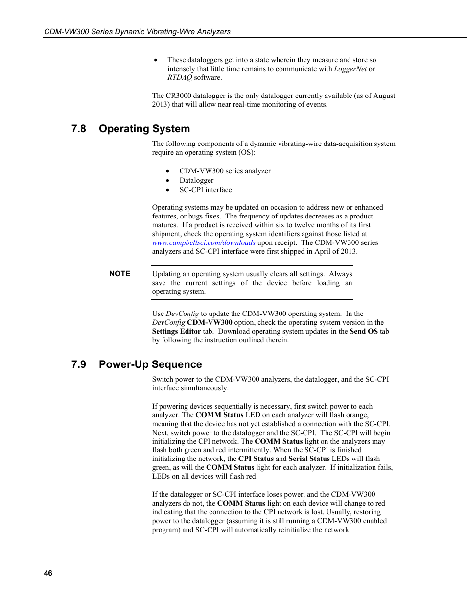 8 operating system, 9 power-up sequence, Operating system | Power-up sequence | Campbell Scientific CDM-VW300 Series Dynamic Vibrating-Wire Analyzer System User Manual | Page 56 / 122