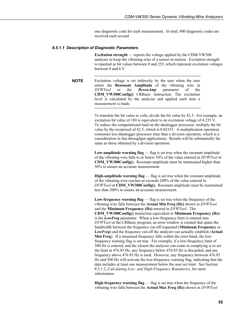 1 description of diagnostic parameters, Description of diagnostic parameters | Campbell Scientific CDM-VW300 Series Dynamic Vibrating-Wire Analyzer System User Manual | Page 65 / 122