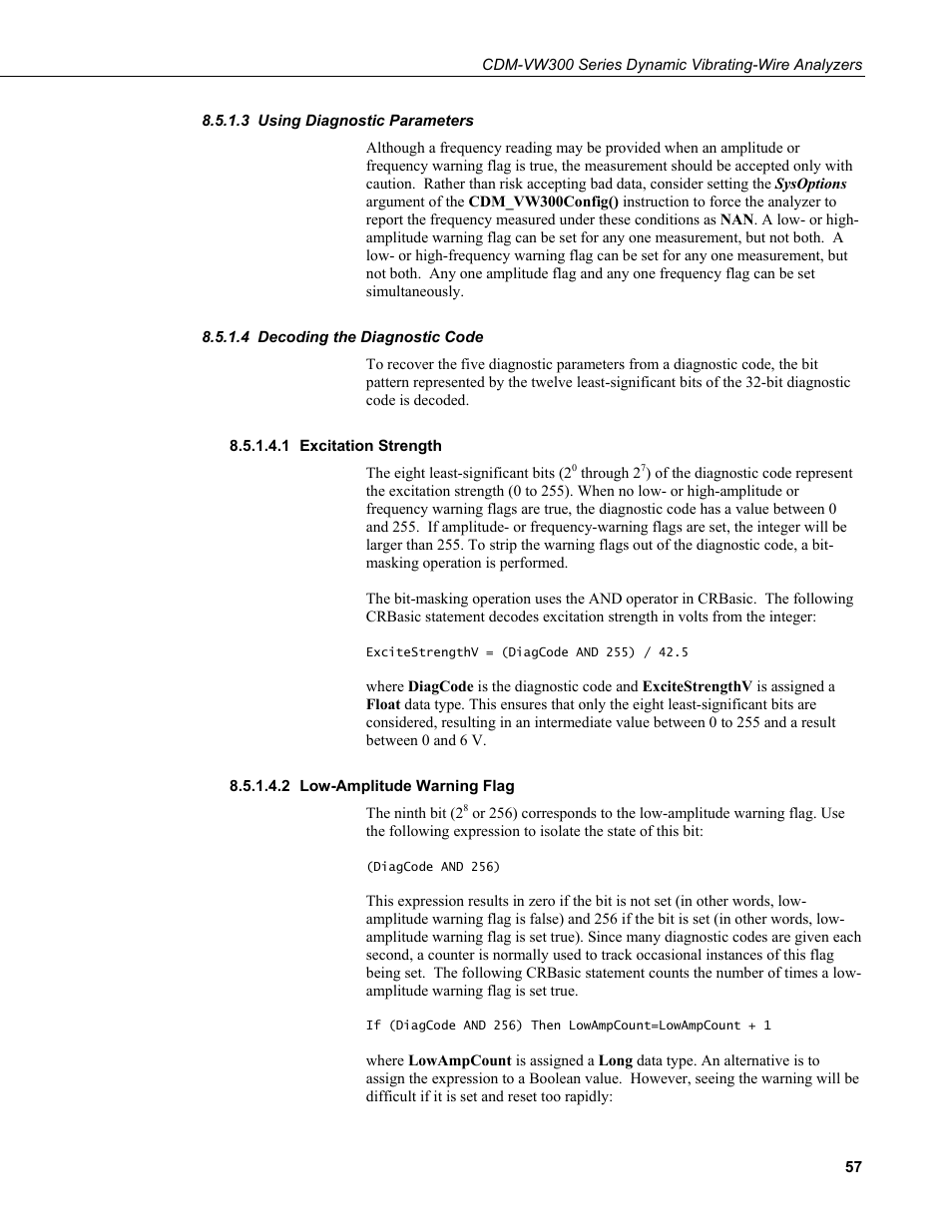 3 using diagnostic parameters, 4 decoding the diagnostic code, 1 excitation strength | 2 low-amplitude warning flag, Using diagnostic parameters, Decoding the diagnostic code, Excitation strength, Low-amplitude warning flag | Campbell Scientific CDM-VW300 Series Dynamic Vibrating-Wire Analyzer System User Manual | Page 67 / 122