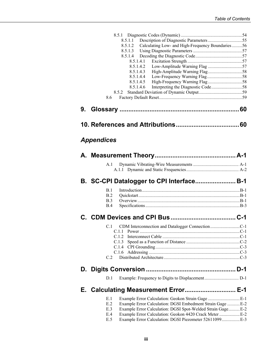 Glossary, References and attributions, Appendices a | Campbell Scientific CDM-VW300 Series Dynamic Vibrating-Wire Analyzer System User Manual | Page 7 / 122