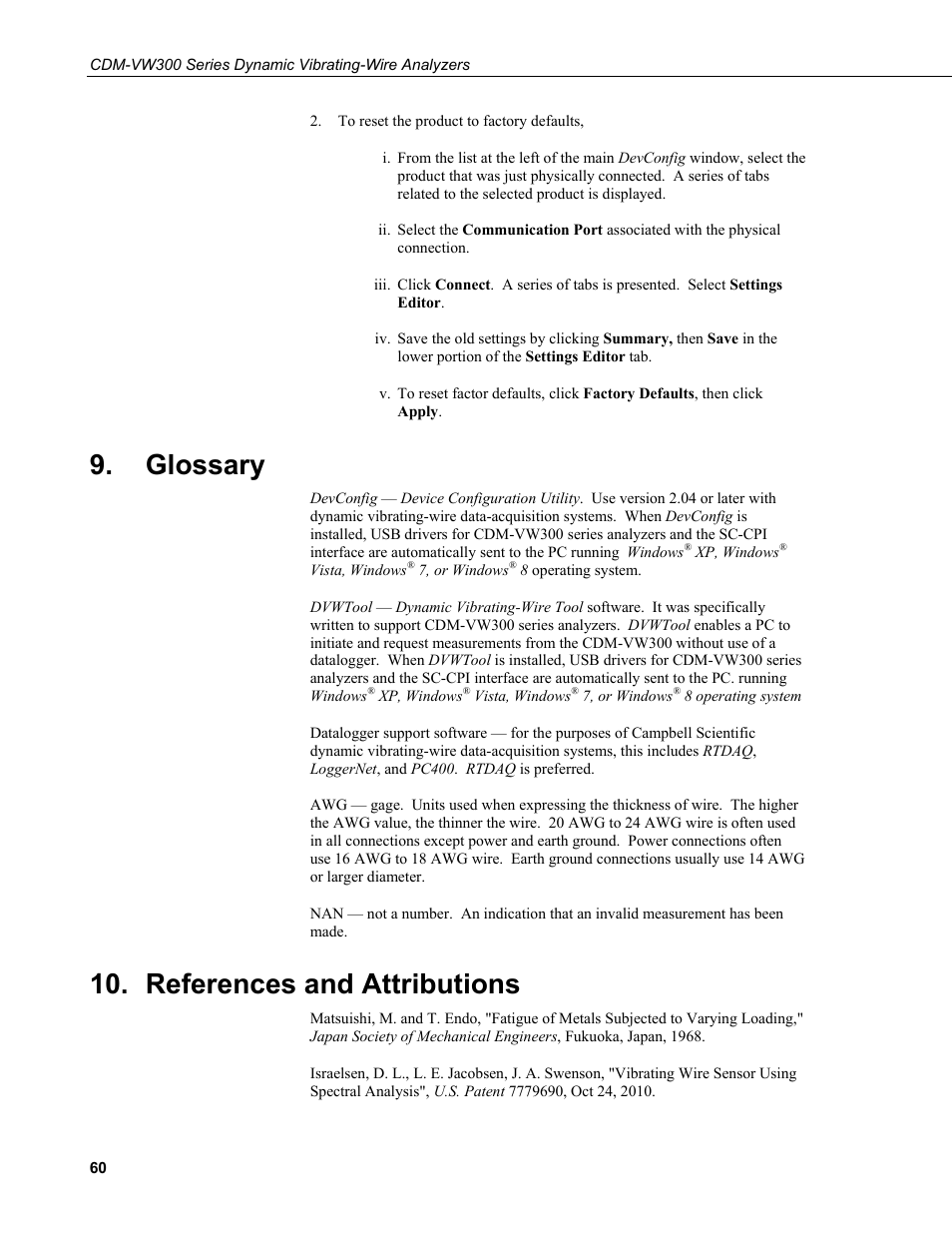 Glossary, References and attributions | Campbell Scientific CDM-VW300 Series Dynamic Vibrating-Wire Analyzer System User Manual | Page 70 / 122