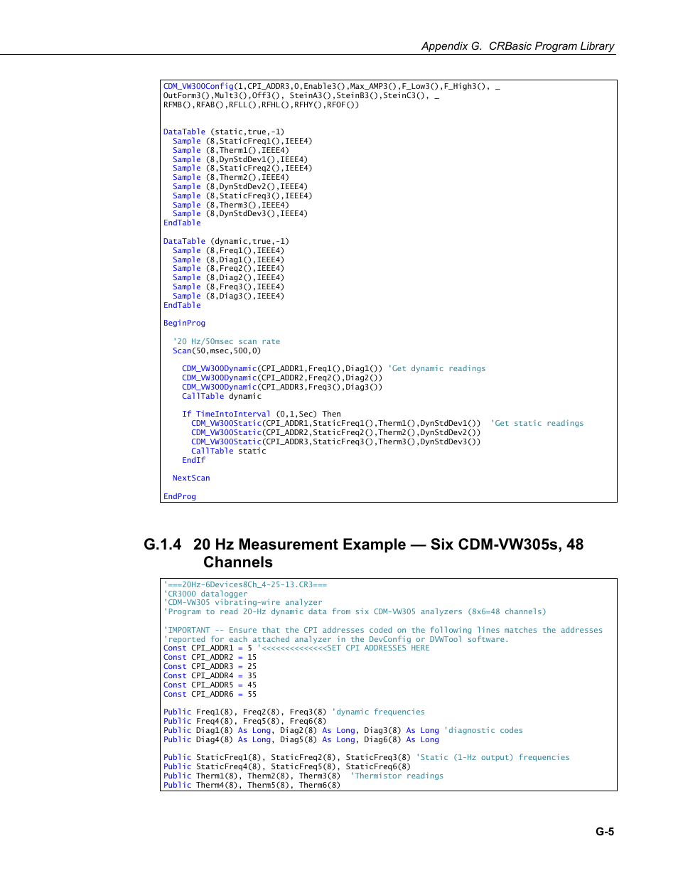 G.1.4, 20 hz measurement example — six cdm-vw305s, 48, Appendix g. crbasic program library | Campbell Scientific CDM-VW300 Series Dynamic Vibrating-Wire Analyzer System User Manual | Page 97 / 122