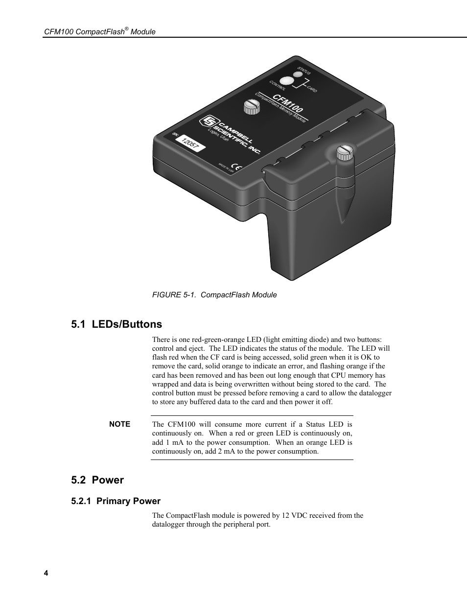 1 leds/buttons, 2 power, 1 primary power | Cfm100 | Campbell Scientific CFM100 CompactFlash Module User Manual | Page 10 / 28