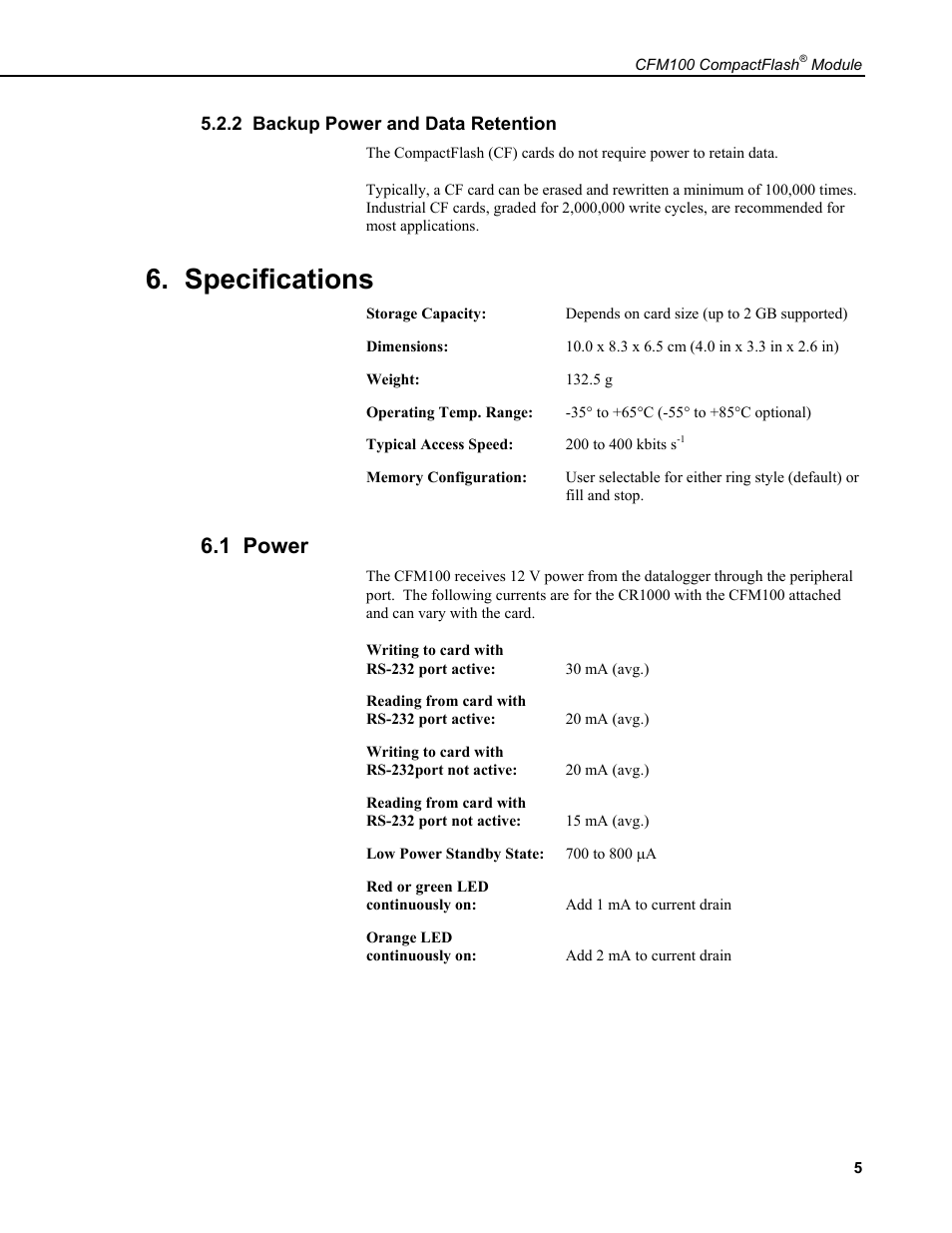 2 backup power and data retention, Specifications, 1 power | Campbell Scientific CFM100 CompactFlash Module User Manual | Page 11 / 28