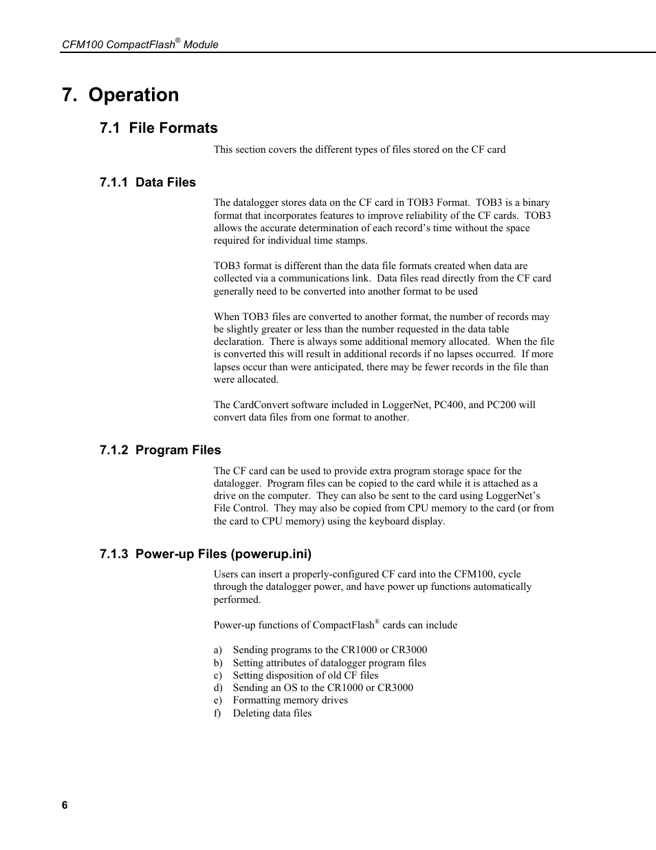 Operation, 1 file formats, 1 data files | 2 program files, 3 power-up files (powerup.ini) | Campbell Scientific CFM100 CompactFlash Module User Manual | Page 12 / 28