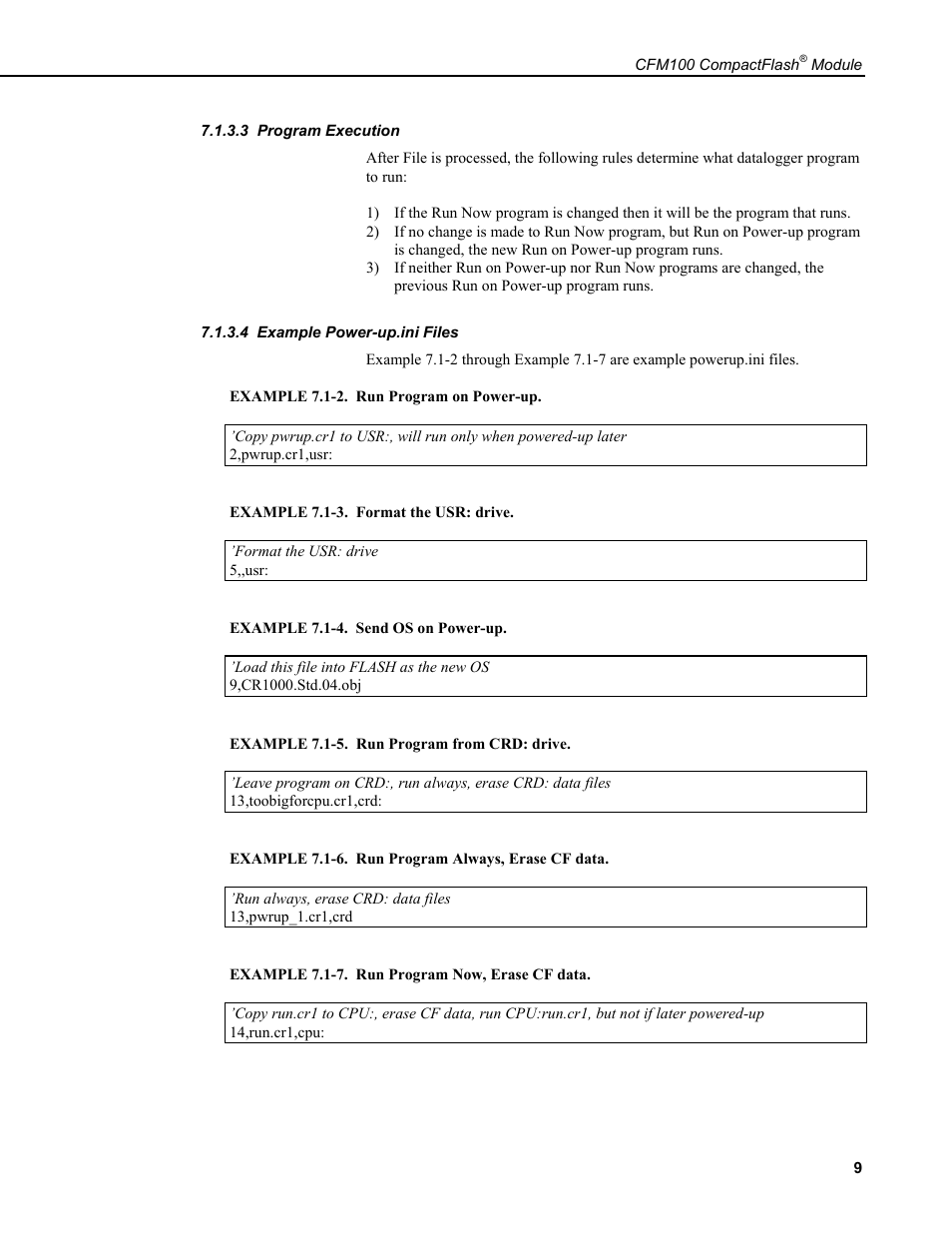 3 program execution, 4 example power-up.ini files | Campbell Scientific CFM100 CompactFlash Module User Manual | Page 15 / 28