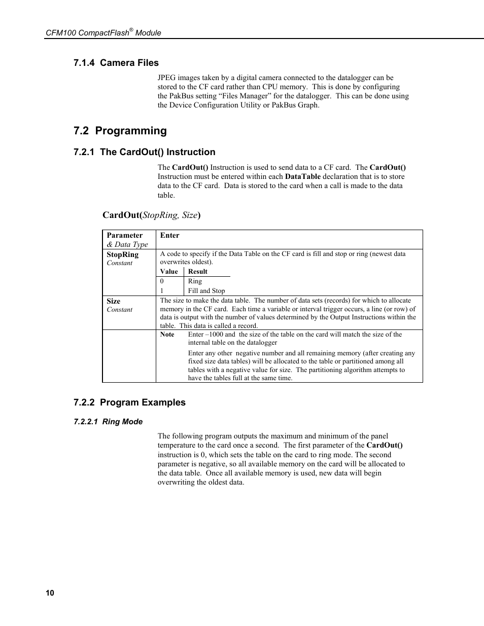 4 camera files, 2 programming, 1 the cardout() instruction | 2 program examples, 1 ring mode | Campbell Scientific CFM100 CompactFlash Module User Manual | Page 16 / 28