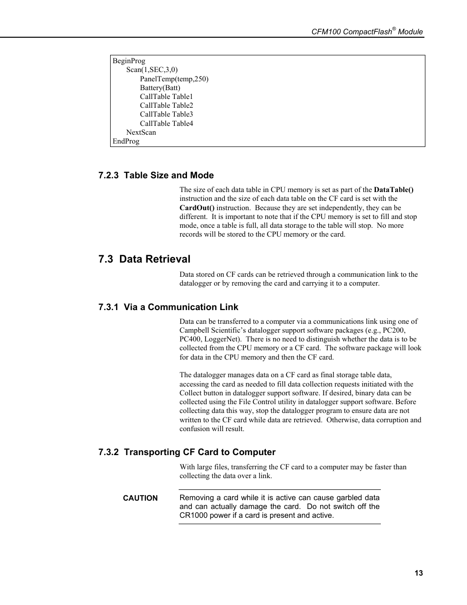 3 table size and mode, 3 data retrieval, 1 via a communication link | 2 transporting cf card to computer | Campbell Scientific CFM100 CompactFlash Module User Manual | Page 19 / 28