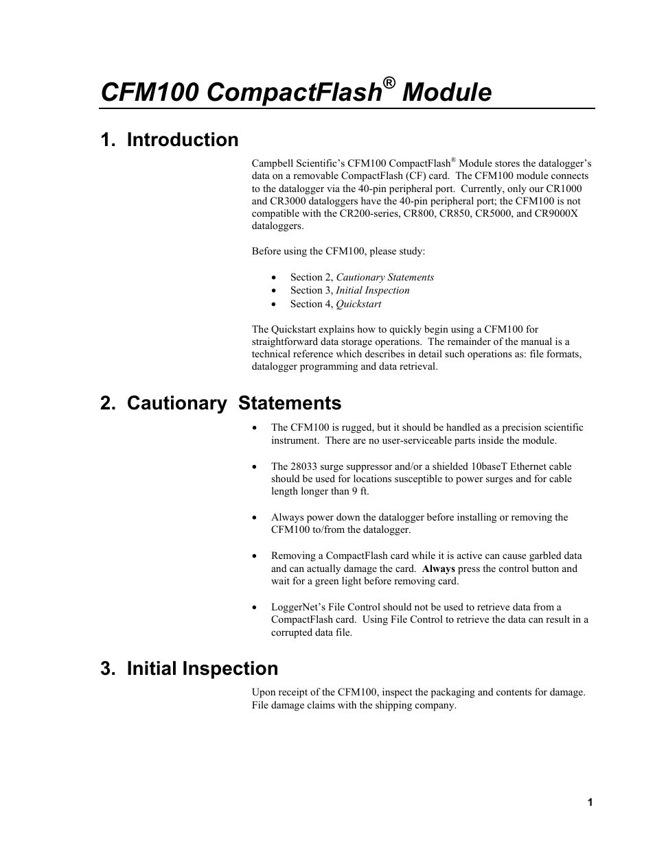 Cfm100 compactflash® module, Introduction, Cautionary statements | Initial inspection, Cfm100 compactflash, Module | Campbell Scientific CFM100 CompactFlash Module User Manual | Page 7 / 28