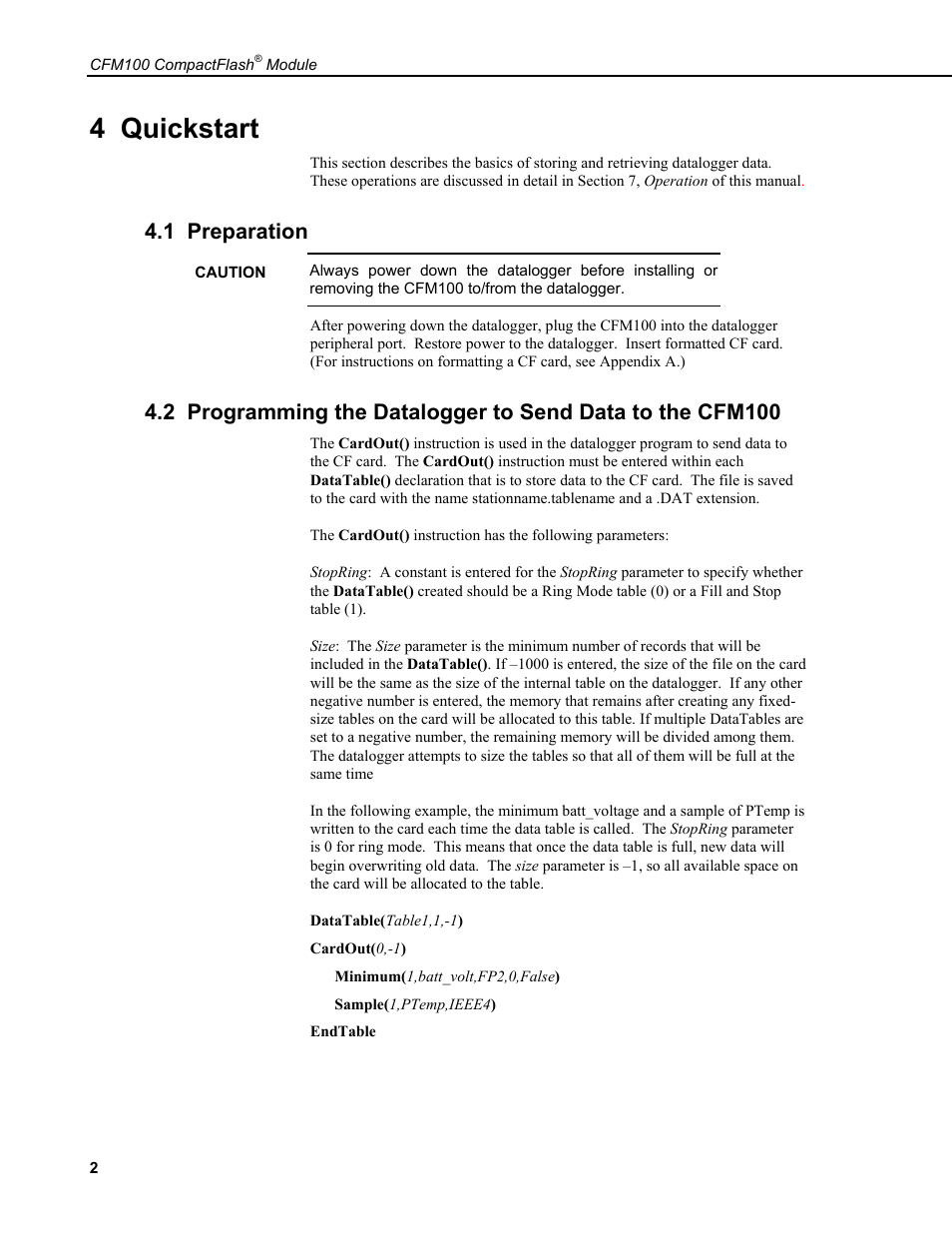 4 quickstart, 1 preparation | Campbell Scientific CFM100 CompactFlash Module User Manual | Page 8 / 28