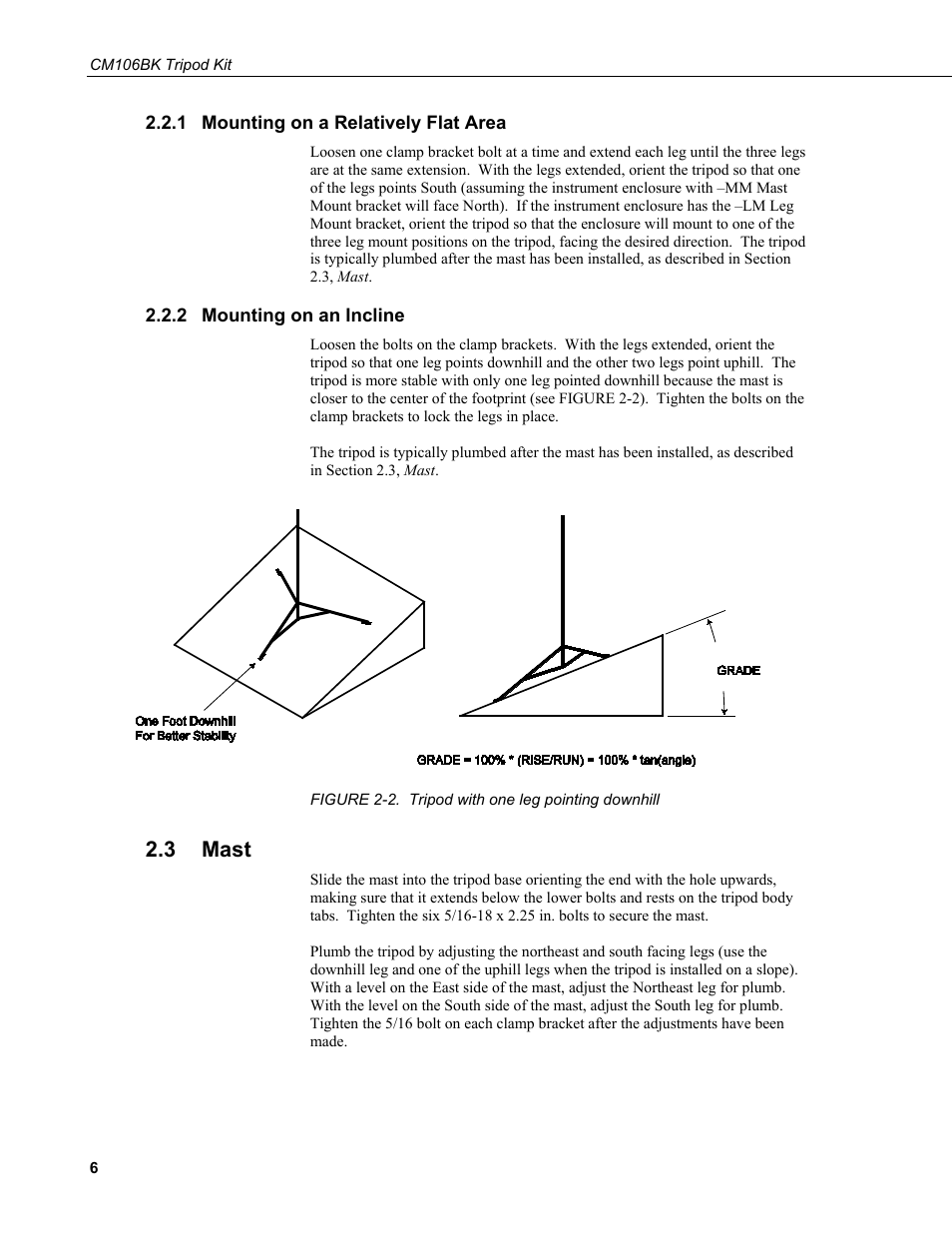 1 mounting on a relatively flat area, 2 mounting on an incline, 3 mast | Mounting on a relatively flat area, Mounting on an incline, Mast, 2. tripod with one leg pointing downhill | Campbell Scientific CM106BK Tripod Kit User Manual | Page 14 / 36