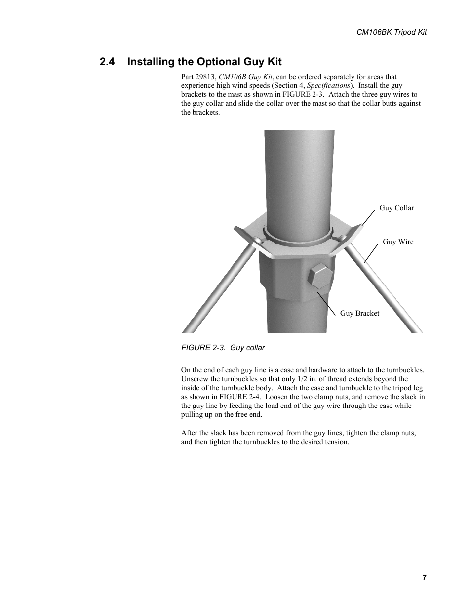 4 installing the optional guy kit, Installing the optional guy kit, 3. guy collar | Campbell Scientific CM106BK Tripod Kit User Manual | Page 15 / 36