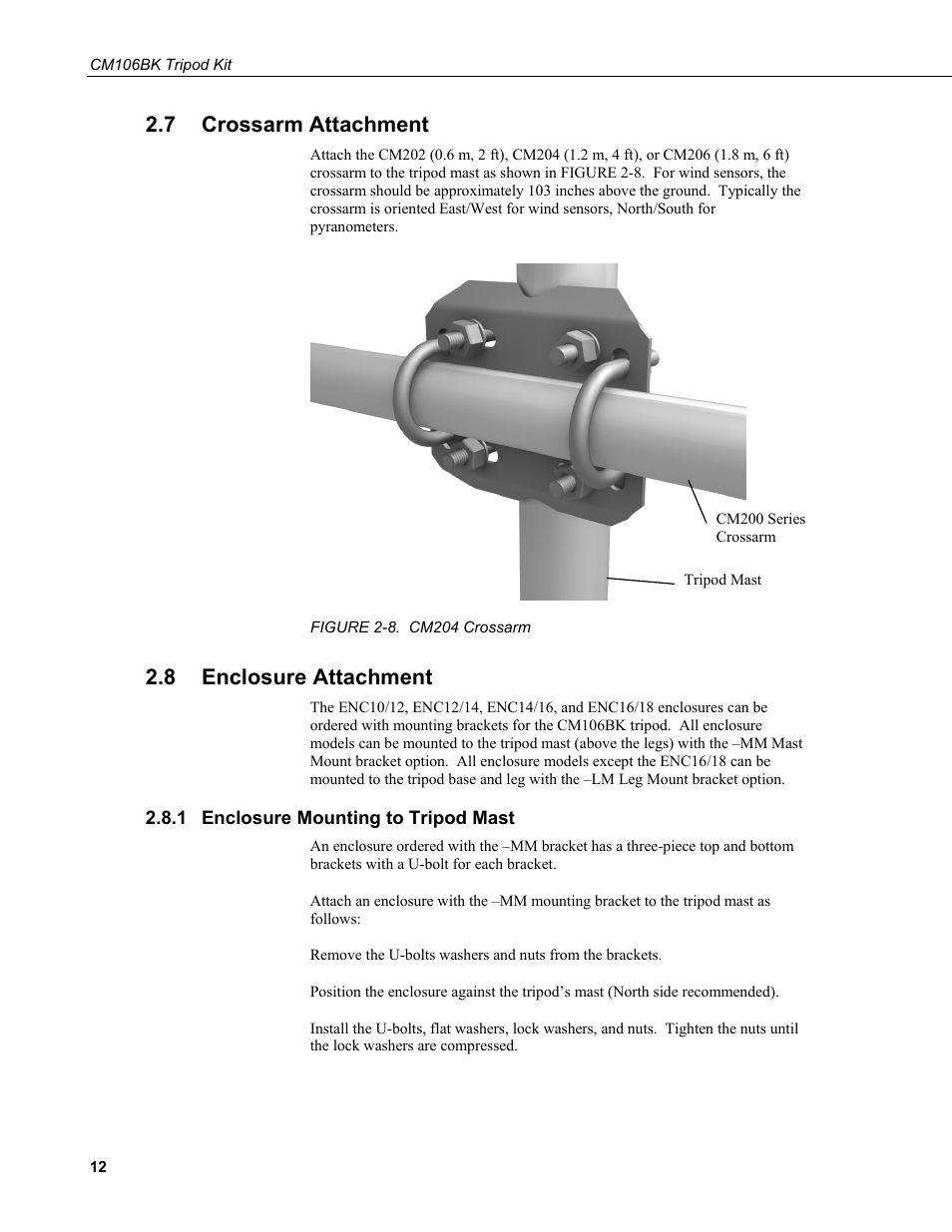 7 crossarm attachment, 8 enclosure attachment, 1 enclosure mounting to tripod mast | Crossarm attachment, Enclosure attachment, Enclosure mounting to tripod mast, 8. cm204 crossarm | Campbell Scientific CM106BK Tripod Kit User Manual | Page 20 / 36