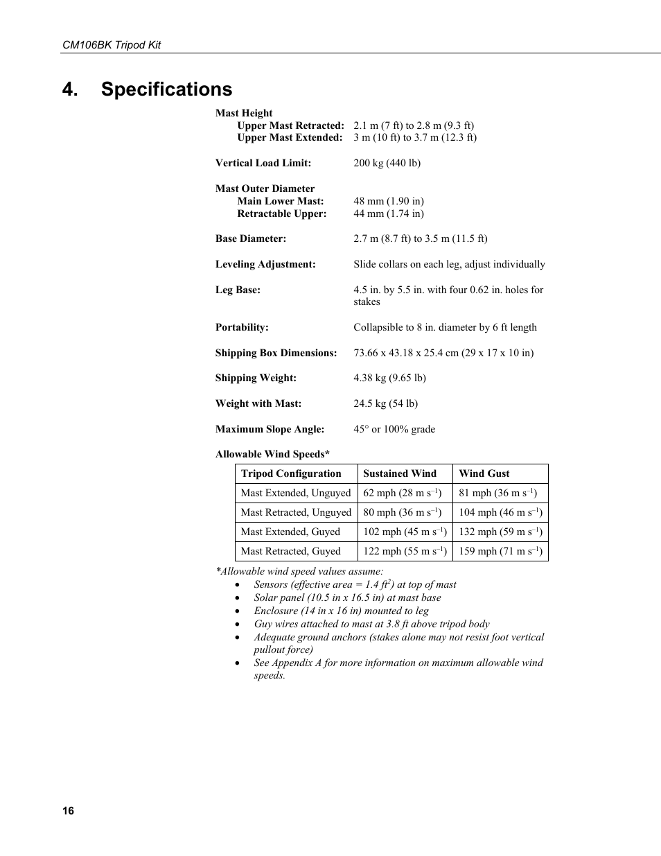Specifications | Campbell Scientific CM106BK Tripod Kit User Manual | Page 24 / 36