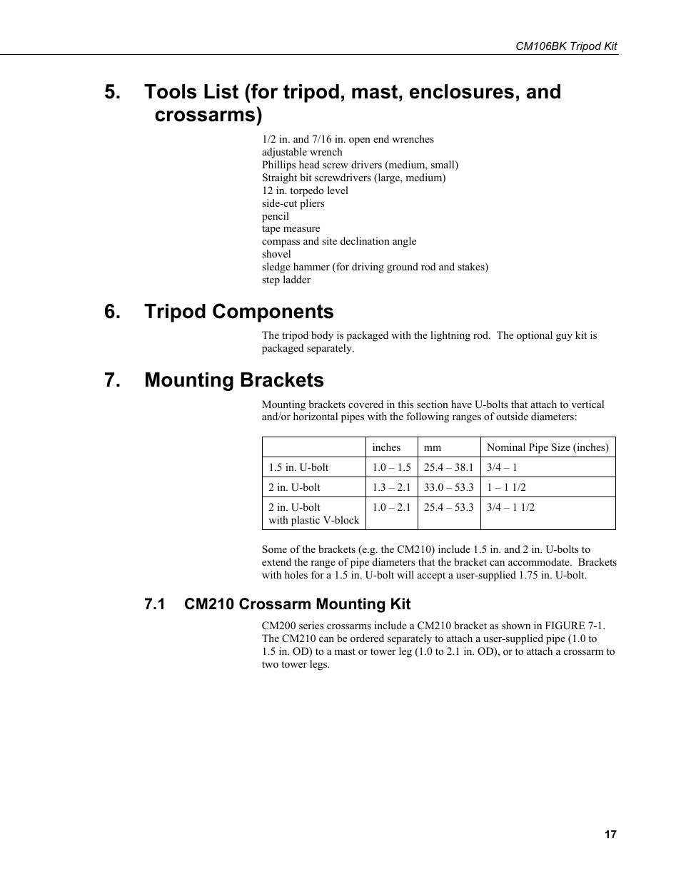 Tripod components, Mounting brackets, 1 cm210 crossarm mounting kit | Tools list (for tripod, mast, enclosures, and, Crossarms), Cm210 crossarm mounting kit | Campbell Scientific CM106BK Tripod Kit User Manual | Page 25 / 36