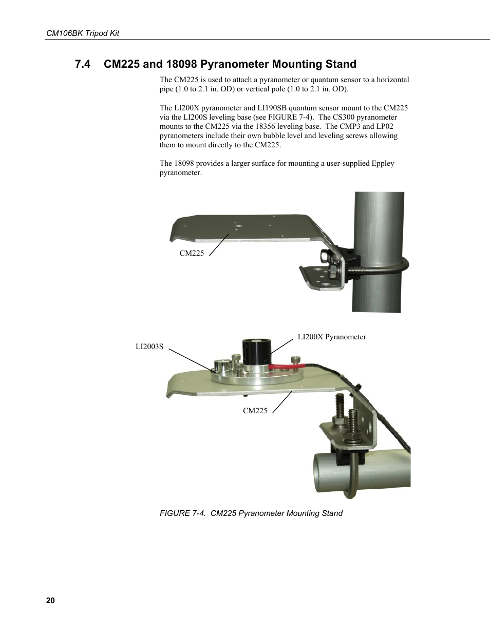 4 cm225 and 18098 pyranometer mounting stand, Cm225 and 18098 pyranometer mounting stand, 4. cm225 pyranometer mounting stand | Campbell Scientific CM106BK Tripod Kit User Manual | Page 28 / 36