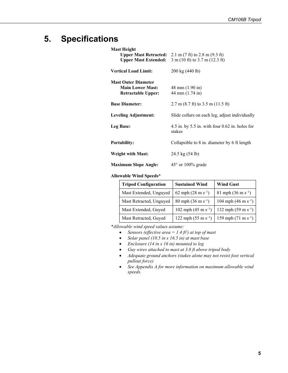 Specifications | Campbell Scientific CM106B Tripod User Manual | Page 13 / 36