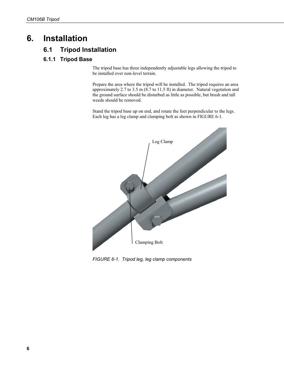 Installation, 1 tripod installation, 1 tripod base | Tripod installation, Tripod base, 1. tripod leg, leg clamp components | Campbell Scientific CM106B Tripod User Manual | Page 14 / 36