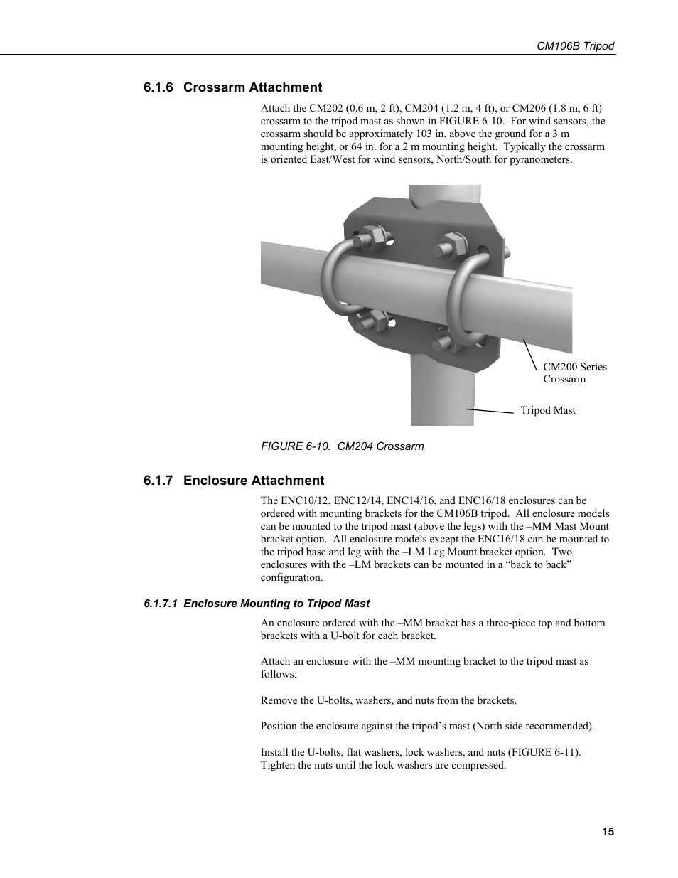 6 crossarm attachment, 7 enclosure attachment, 1 enclosure mounting to tripod mast | Crossarm attachment, Enclosure attachment, Enclosure mounting to tripod mast, 10. cm204 crossarm | Campbell Scientific CM106B Tripod User Manual | Page 23 / 36