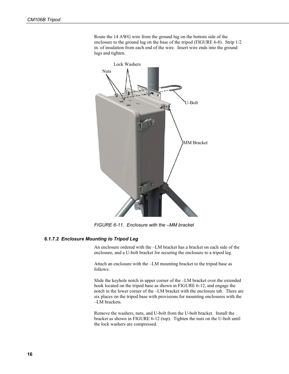 2 enclosure mounting to tripod leg, Enclosure mounting to tripod leg, 11. enclosure with the –mm bracket | Campbell Scientific CM106B Tripod User Manual | Page 24 / 36