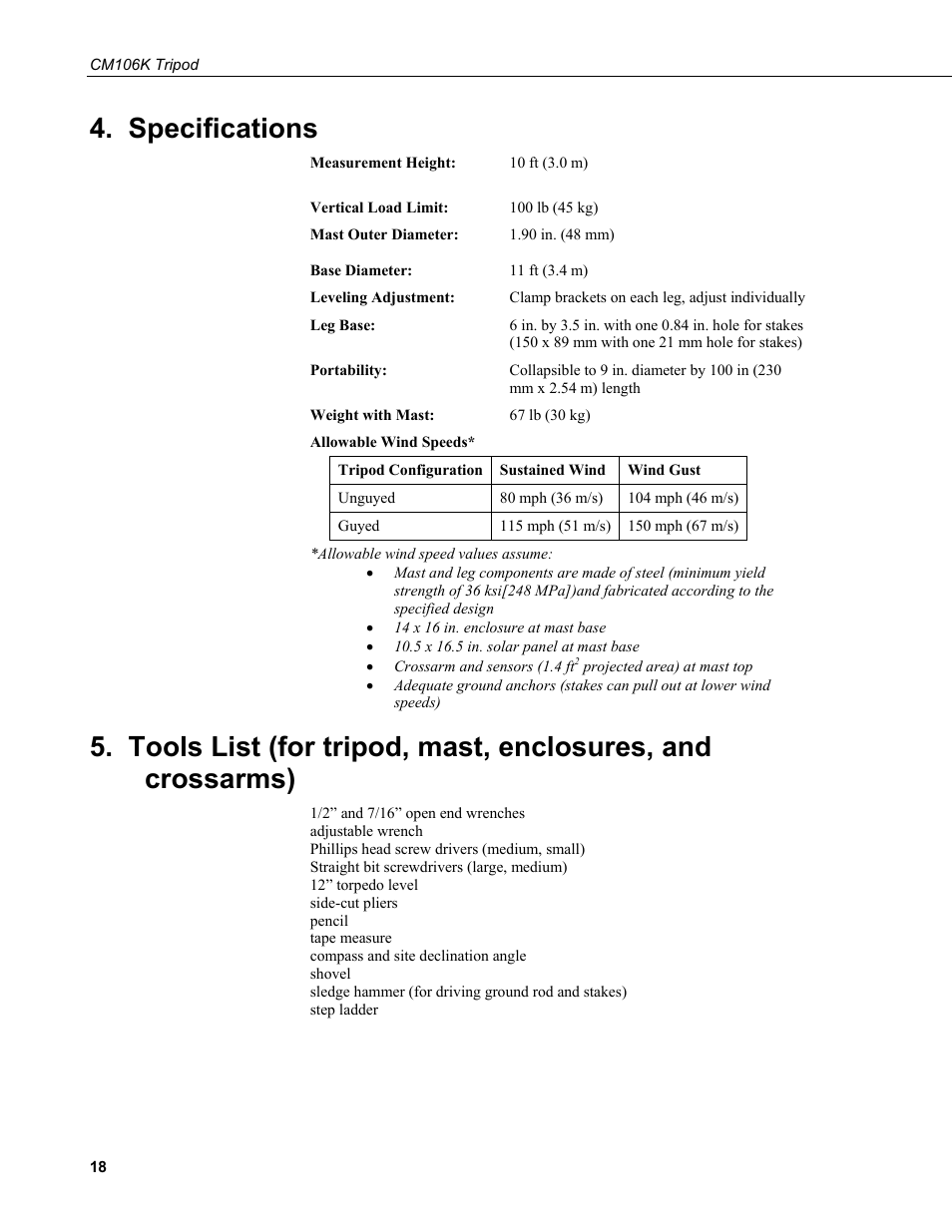 Specifications | Campbell Scientific CM106K Tripod User Manual | Page 24 / 34