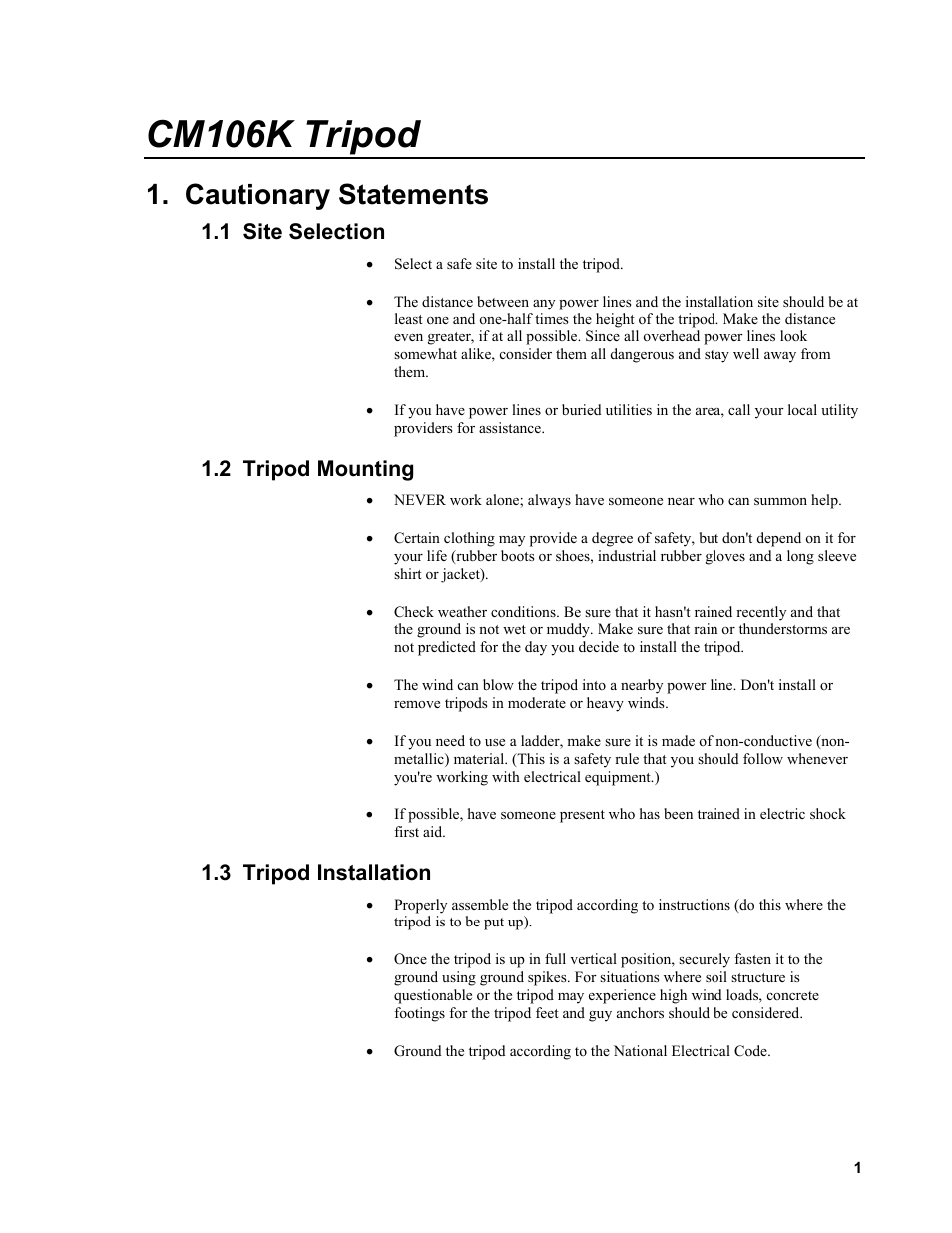 Cm106k tripod, Cautionary statements, 1 site selection | 2 tripod mounting, 3 tripod installation | Campbell Scientific CM106K Tripod User Manual | Page 7 / 34
