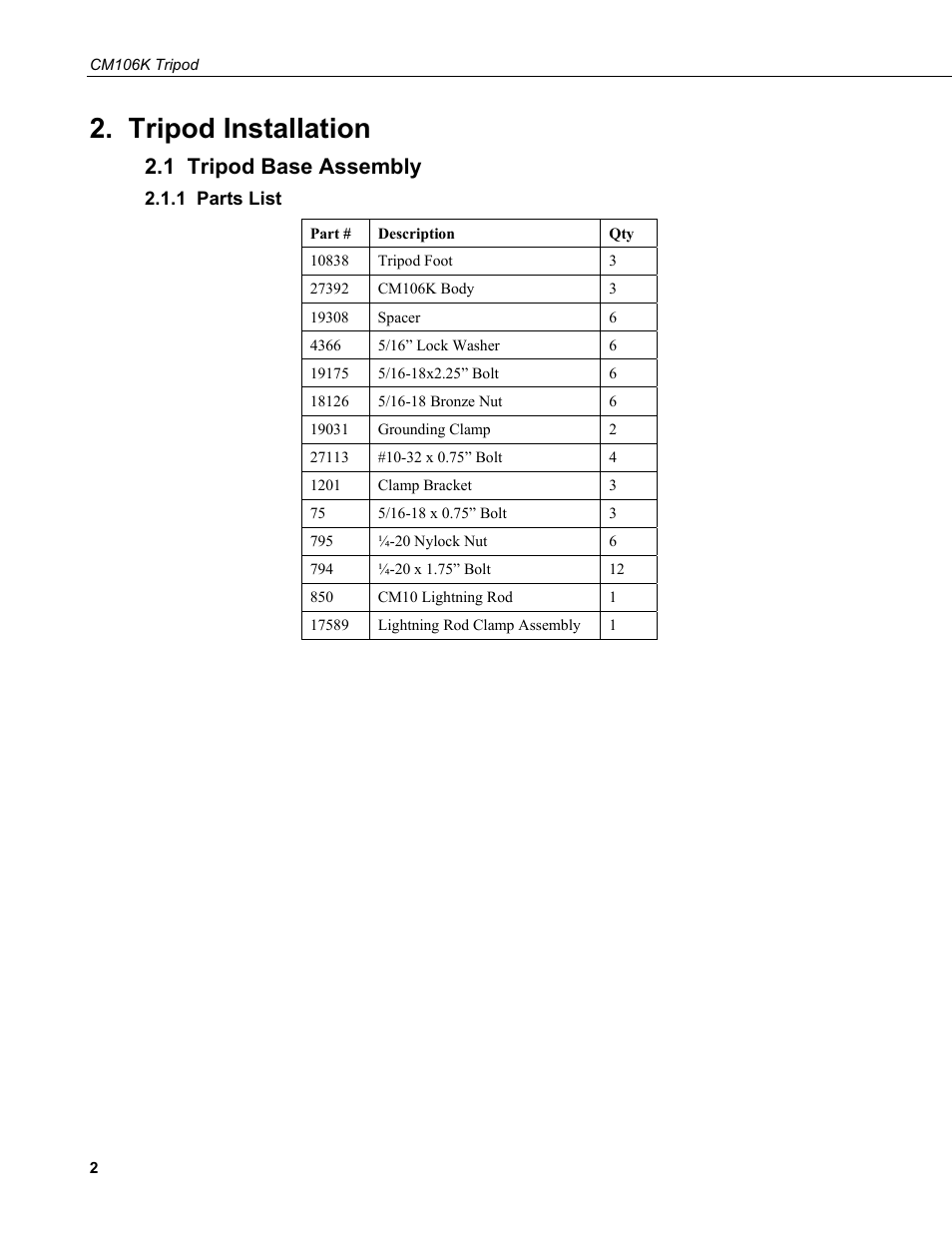Tripod installation, 1 tripod base assembly, 1 parts list | Campbell Scientific CM106K Tripod User Manual | Page 8 / 34