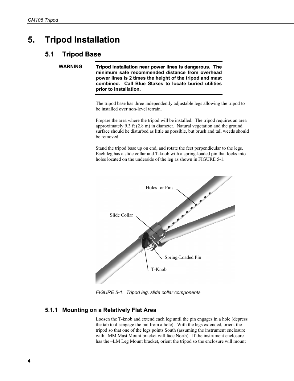 Tripod installation, 1 tripod base, 1 mounting on a relatively flat area | Tripod base, Mounting on a relatively flat area, 1. tripod leg, slide collar components, Tripod installation . tripod installation | Campbell Scientific CM106 Tripod User Manual | Page 10 / 30