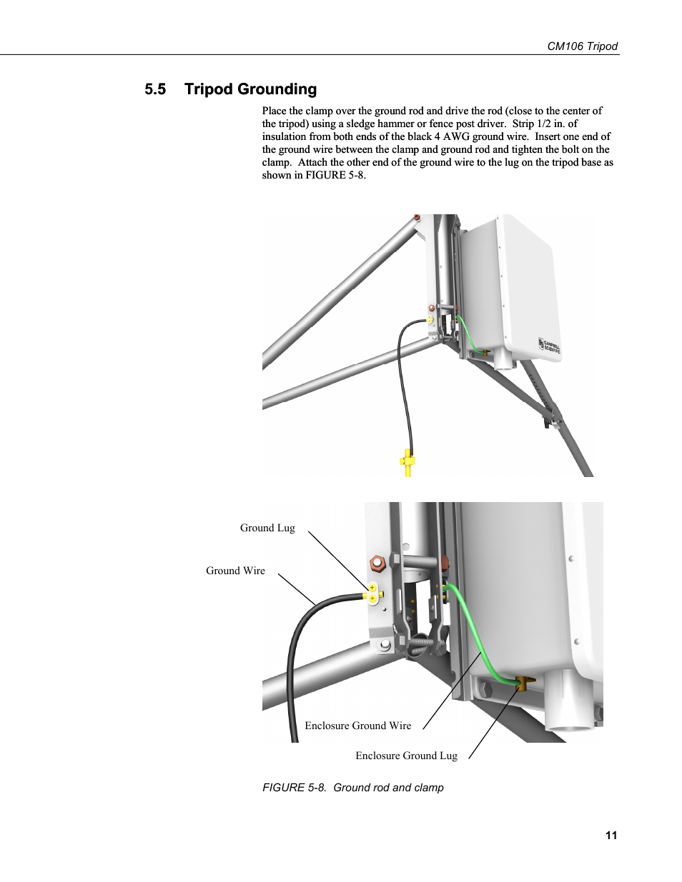 5 tripod grounding, Tripod grounding, 8. ground rod and clamp | 5 tripod grounding .5 tripod grounding | Campbell Scientific CM106 Tripod User Manual | Page 17 / 30