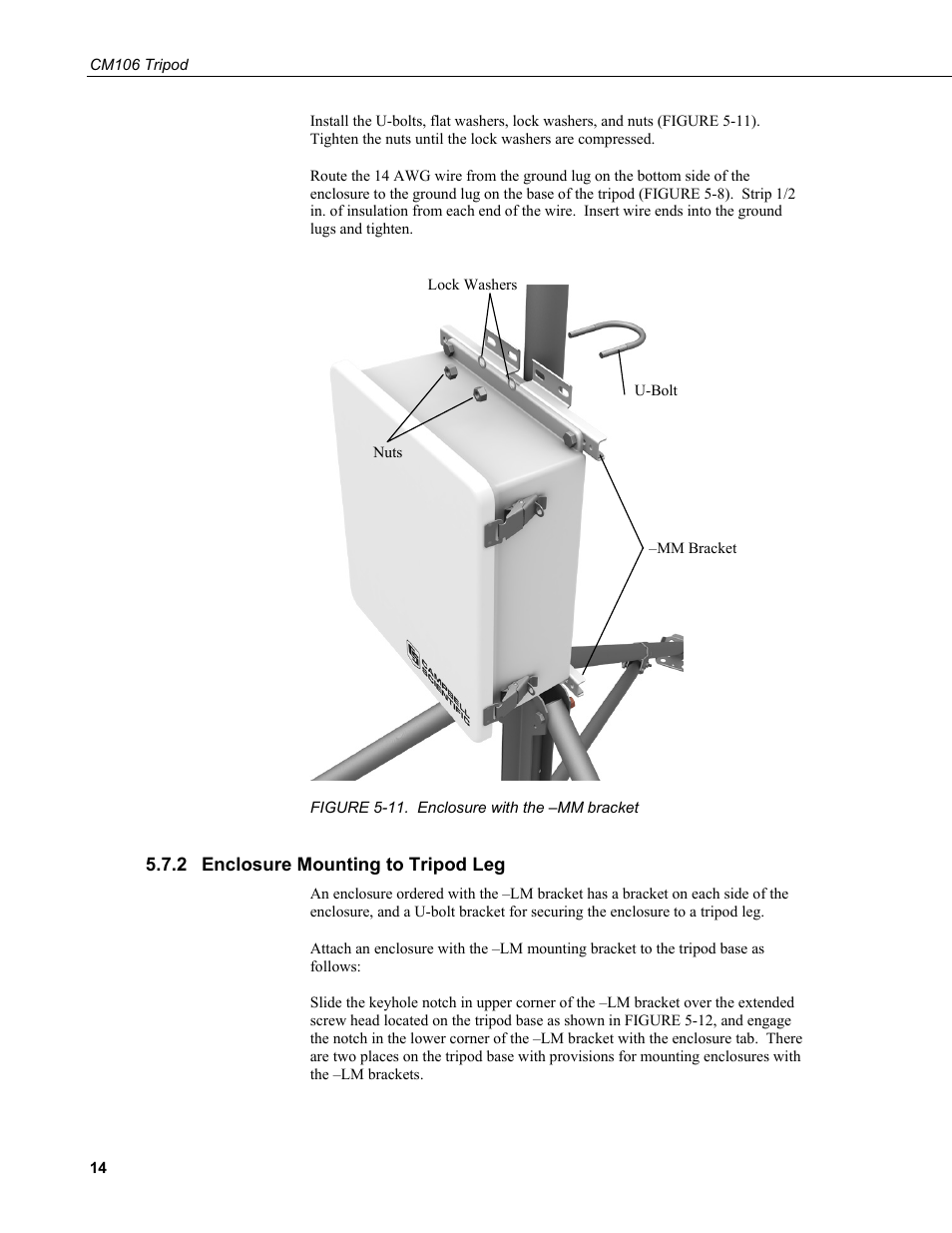 2 enclosure mounting to tripod leg, Enclosure mounting to tripod leg, 11. enclosure | With, The –mm bracket | Campbell Scientific CM106 Tripod User Manual | Page 20 / 30