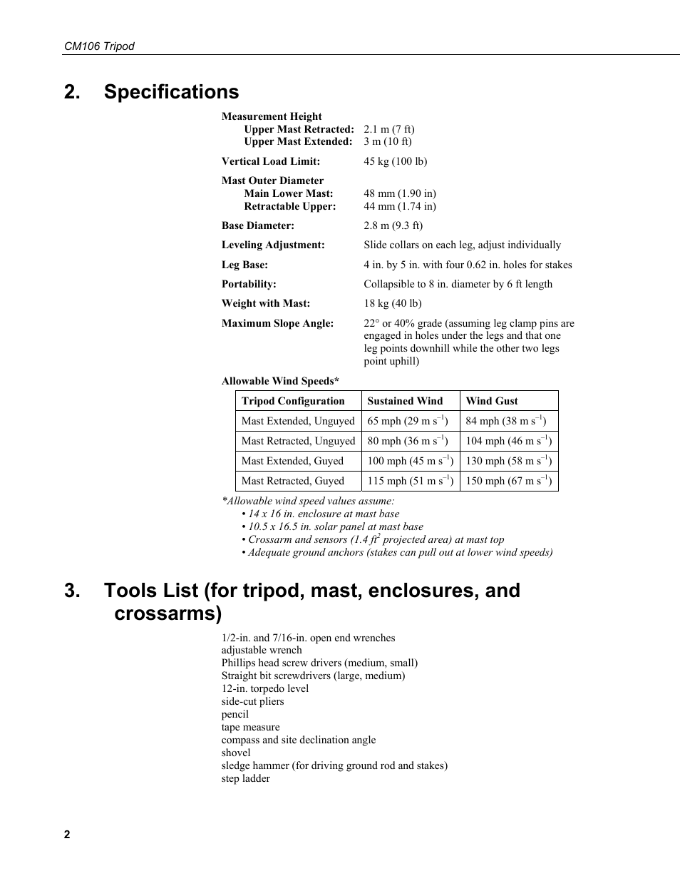 Specifications, Tools list (for tripod, mast, enclosures, and, Crossarms) | Campbell Scientific CM106 Tripod User Manual | Page 8 / 30