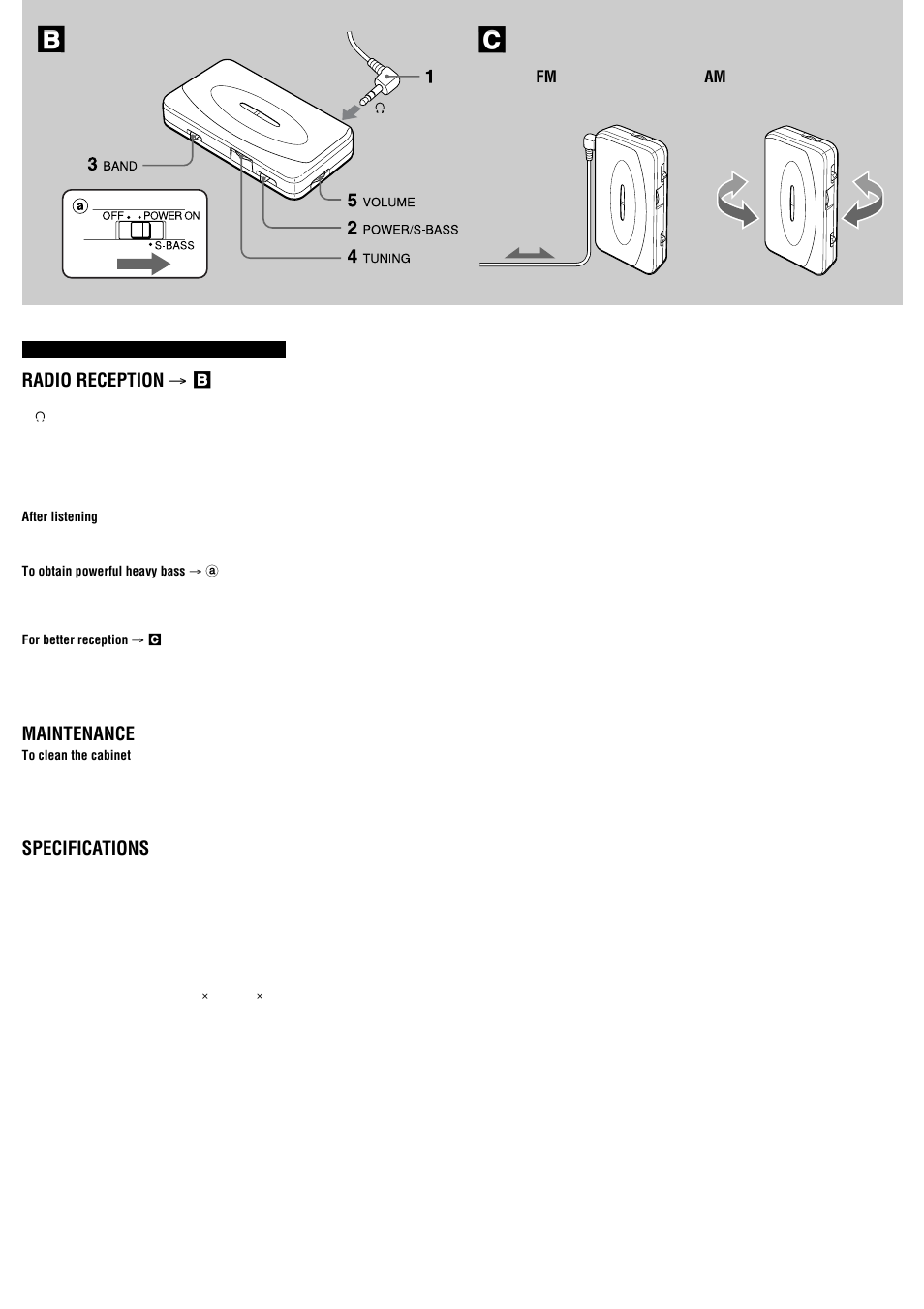 Radio reception → b, Maintenance, Specifications | Aiwa CR-LA35 User Manual | Page 2 / 2