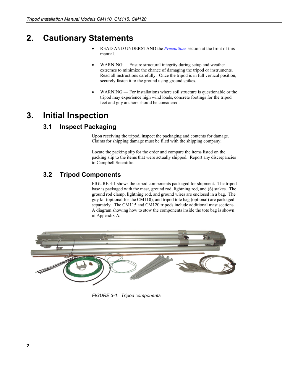 Cautionary statements, Initial inspection, 1 inspect packaging | 2 tripod components, Inspect packaging, Tripod components, 1. tripod components | Campbell Scientific CM110, CM115, CM120 Tripod Installation User Manual | Page 10 / 40