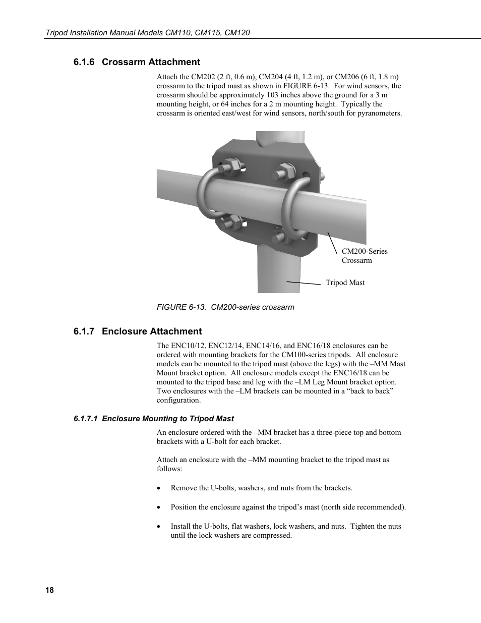 6 crossarm attachment, 7 enclosure attachment, 1 enclosure mounting to tripod mast | Crossarm attachment, Enclosure attachment, Enclosure mounting to tripod mast, 13. cm200-series crossarm | Campbell Scientific CM110, CM115, CM120 Tripod Installation User Manual | Page 26 / 40