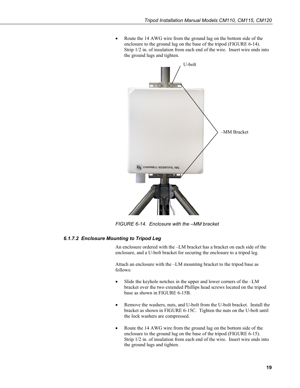 2 enclosure mounting to tripod leg, Enclosure mounting to tripod leg, 14. enclosure with the –mm bracket | Campbell Scientific CM110, CM115, CM120 Tripod Installation User Manual | Page 27 / 40