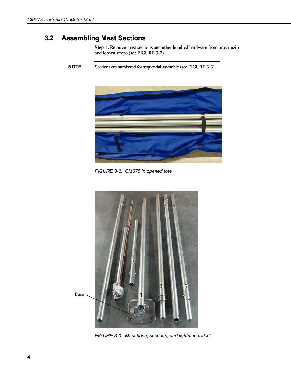 2 assembling mast sections, Assembling mast sections, 2. cm375 in opened tote | 3. mast base, sections, and lightning rod kit | Campbell Scientific CM375 Portable 10-Meter Mast User Manual | Page 10 / 28