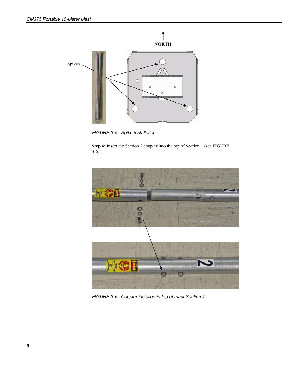 5. spike, Installation, 6. coupler installed in top of mast section 1 | Campbell Scientific CM375 Portable 10-Meter Mast User Manual | Page 12 / 28