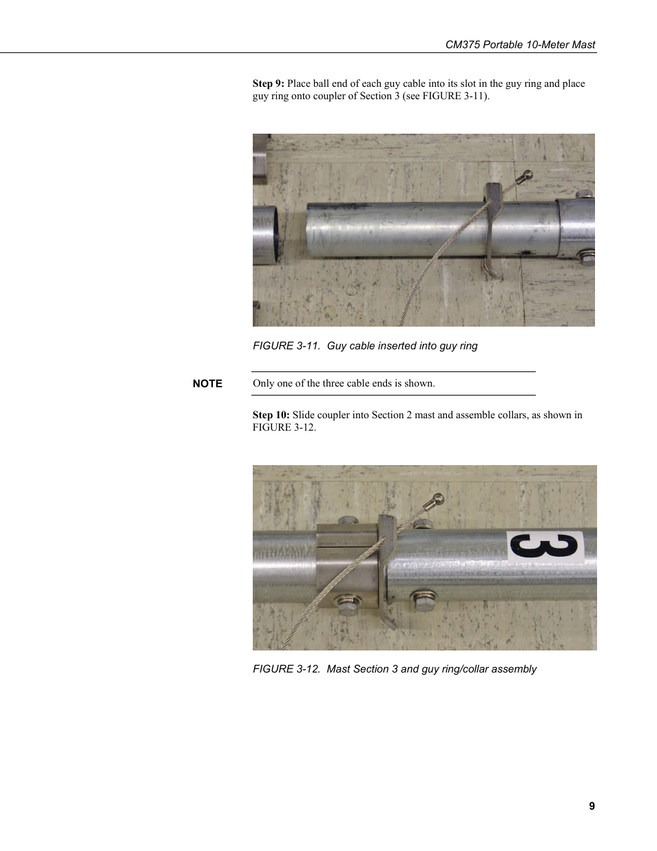 11. guy cable inserted into guy ring, 12. mast section 3 and guy ring/collar assembly | Campbell Scientific CM375 Portable 10-Meter Mast User Manual | Page 15 / 28