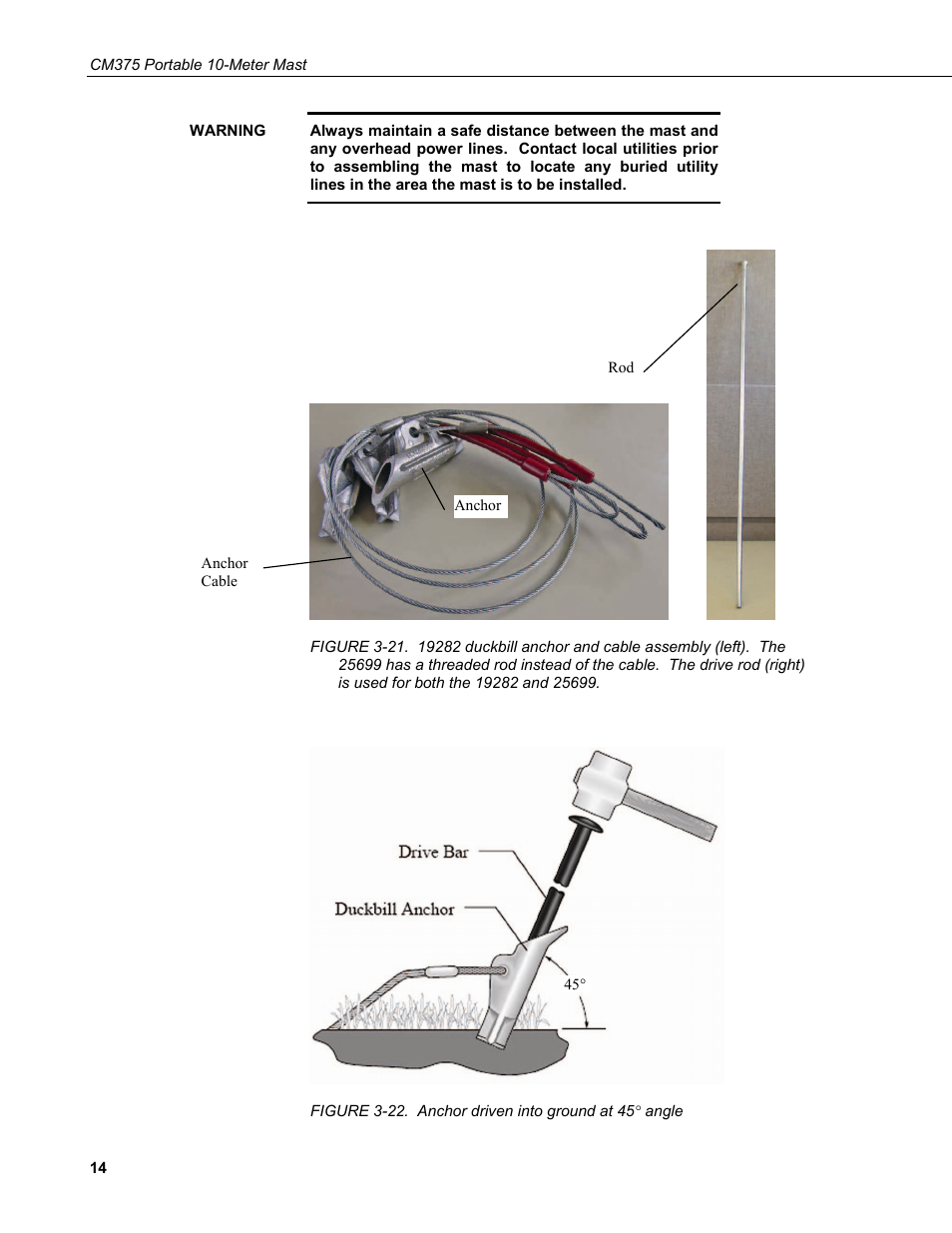 22. anchor driven into ground at 45° angle | Campbell Scientific CM375 Portable 10-Meter Mast User Manual | Page 20 / 28