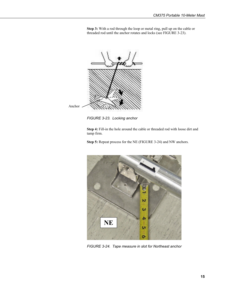 23. locking, Anchor, 24. tape measure in slot for northeast anchor | Campbell Scientific CM375 Portable 10-Meter Mast User Manual | Page 21 / 28
