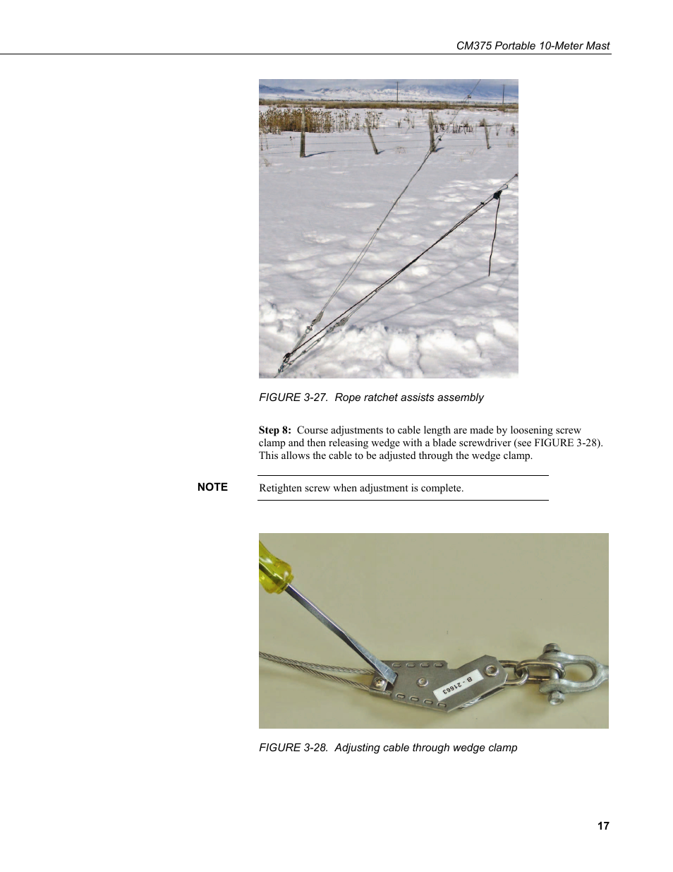 27. rope ratchet assists assembly, 28. adjusting cable through wedge clamp | Campbell Scientific CM375 Portable 10-Meter Mast User Manual | Page 23 / 28
