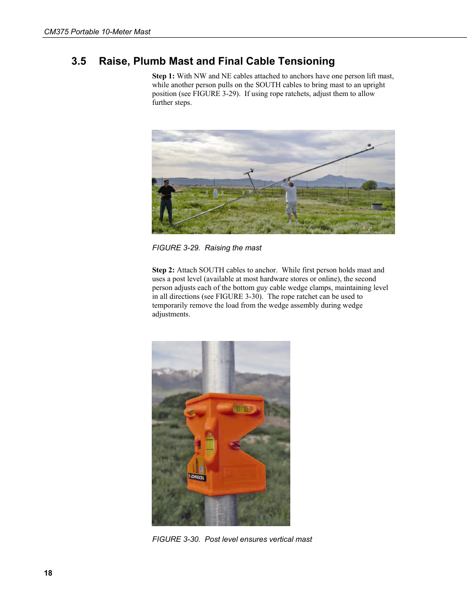 5 raise, plumb mast and final cable tensioning, Raise, plumb mast and final cable tensioning, 29. raising the mast | 30. post level ensures vertical mast | Campbell Scientific CM375 Portable 10-Meter Mast User Manual | Page 24 / 28