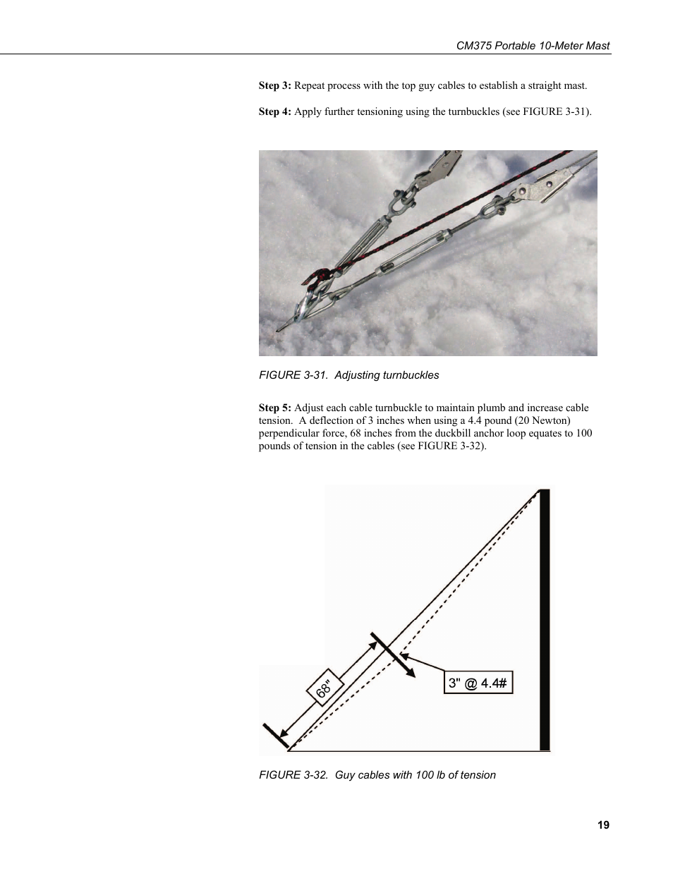 31. adjusting, Turnbuckles, 32. guy cables with 100 lb of tension | Campbell Scientific CM375 Portable 10-Meter Mast User Manual | Page 25 / 28