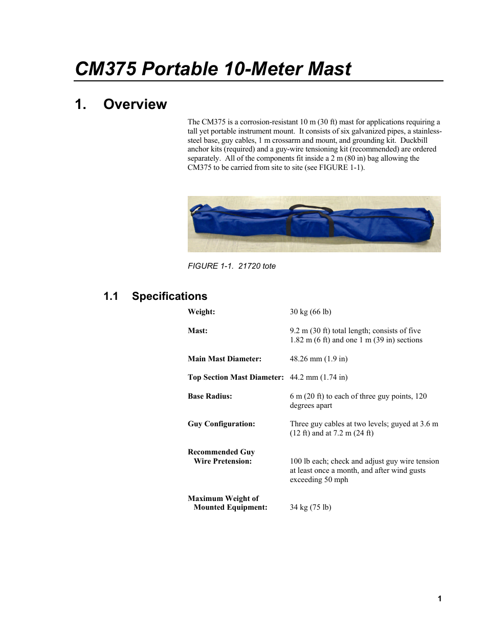 Overview, 1 specifications, Specifications | Tote | Campbell Scientific CM375 Portable 10-Meter Mast User Manual | Page 7 / 28