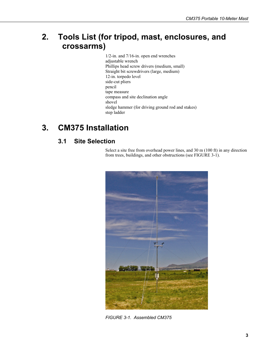Cm375 installation, 1 site selection, Tools list (for tripod, mast, enclosures, and | Crossarms), Site selection, 1. assembled, Cm375 | Campbell Scientific CM375 Portable 10-Meter Mast User Manual | Page 9 / 28