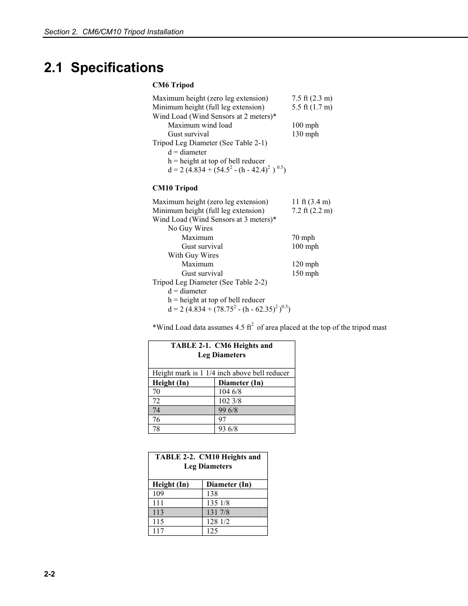 1 specifications | Campbell Scientific CM6/CM10 Tripod Weather Station Installation User Manual | Page 14 / 68