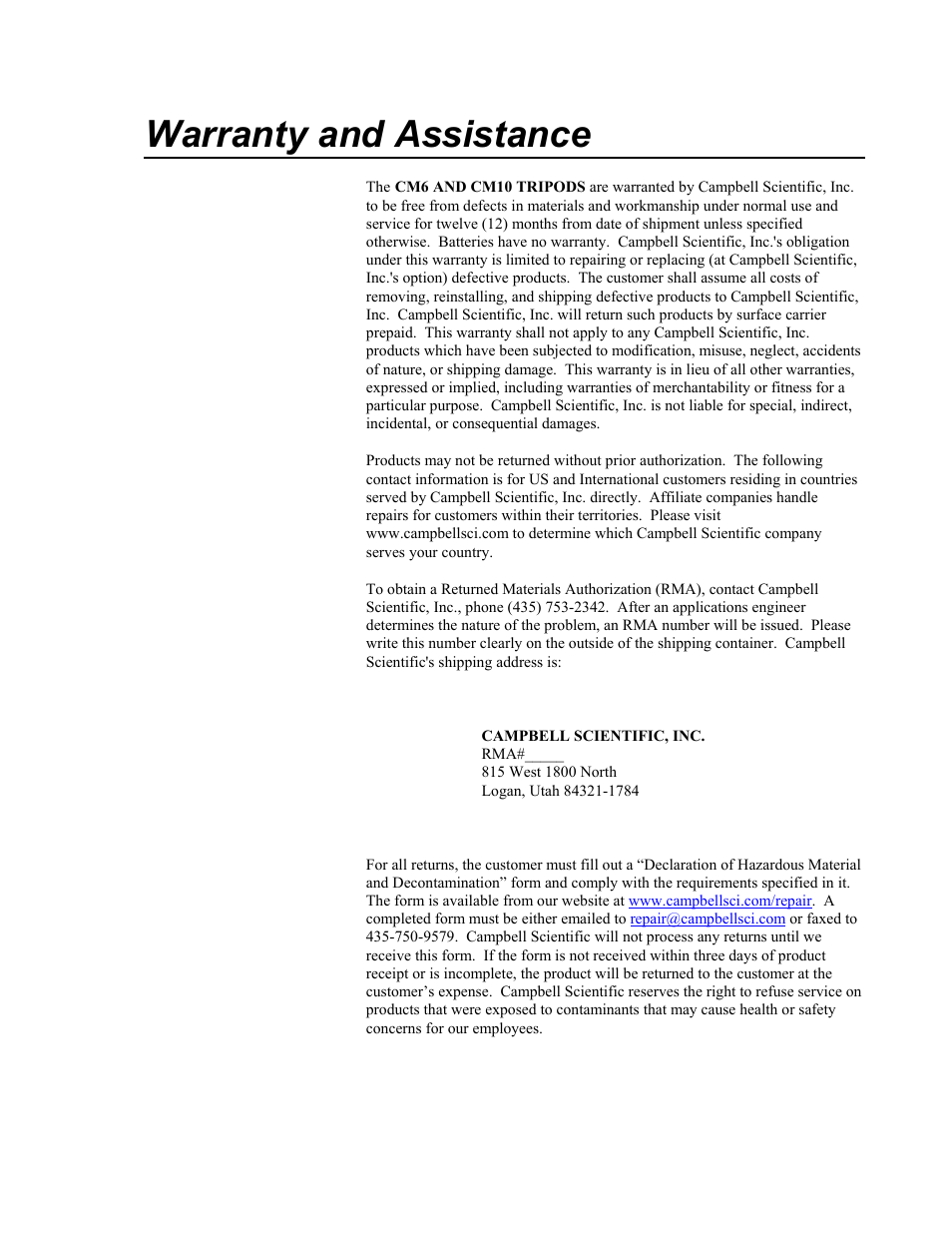 Warranty and assistance | Campbell Scientific CM6/CM10 Tripod Weather Station Installation User Manual | Page 2 / 68